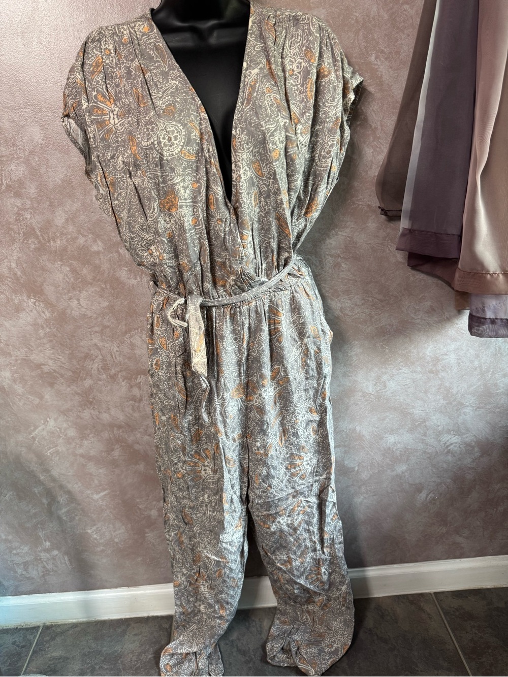 Free People Gray and Orange Paisley Wrap Jumpsuit